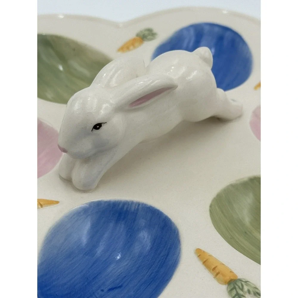 Ceramic Deviled Egg Plate Easter Bunny Rabbit Figural Platter Pastel Colors Core